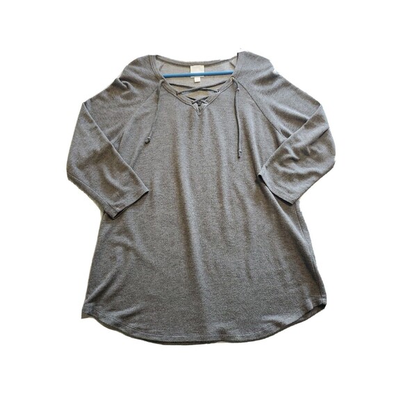 Womens Large Top 3/4 Sleeve Heathered Gray Lace Up Neckline Sunday Tunic Length - Picture 3 of 8